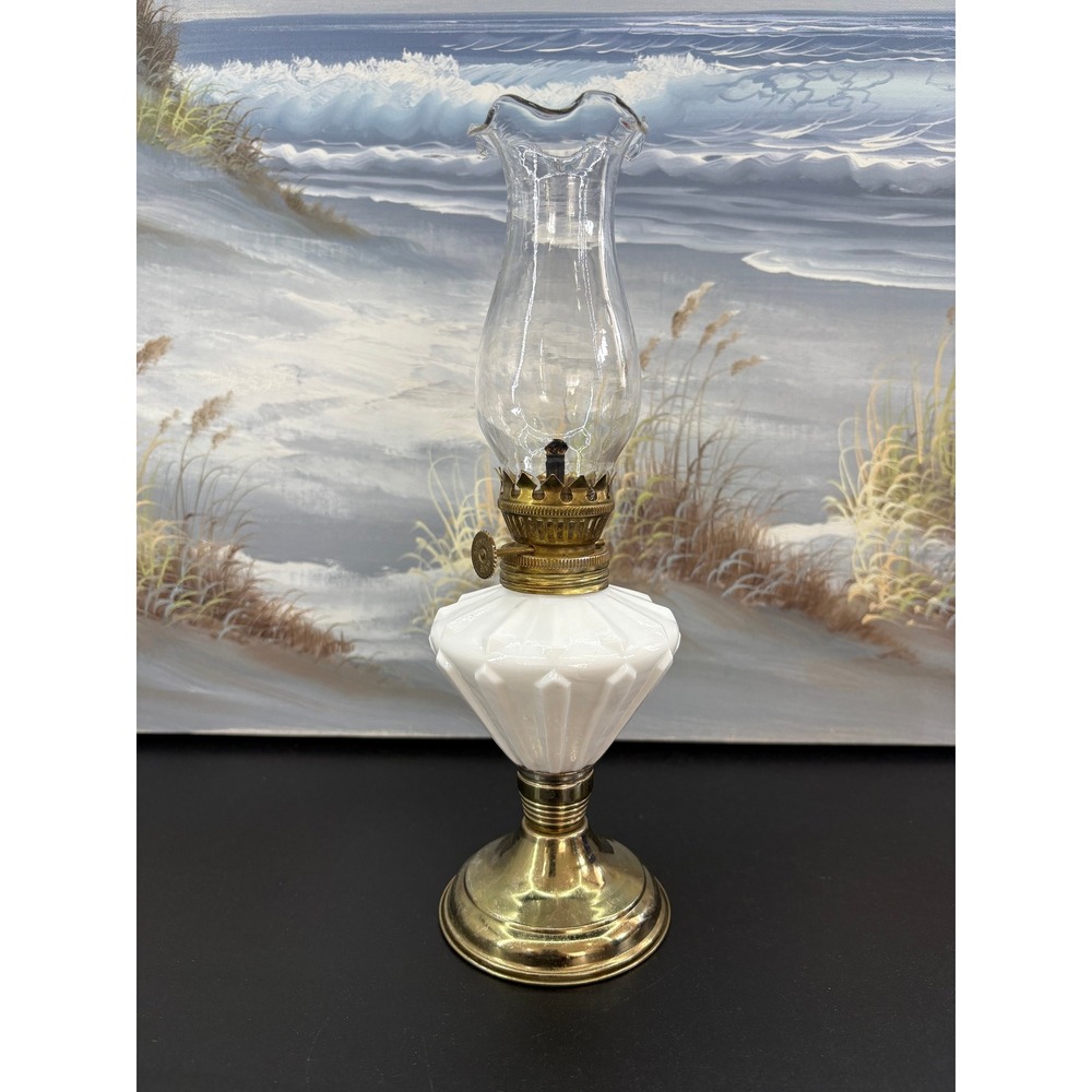 Vintage Milk Glass Oil Lamp Brass Base Ruffled Clear Glass Chimney 10.25 Inch